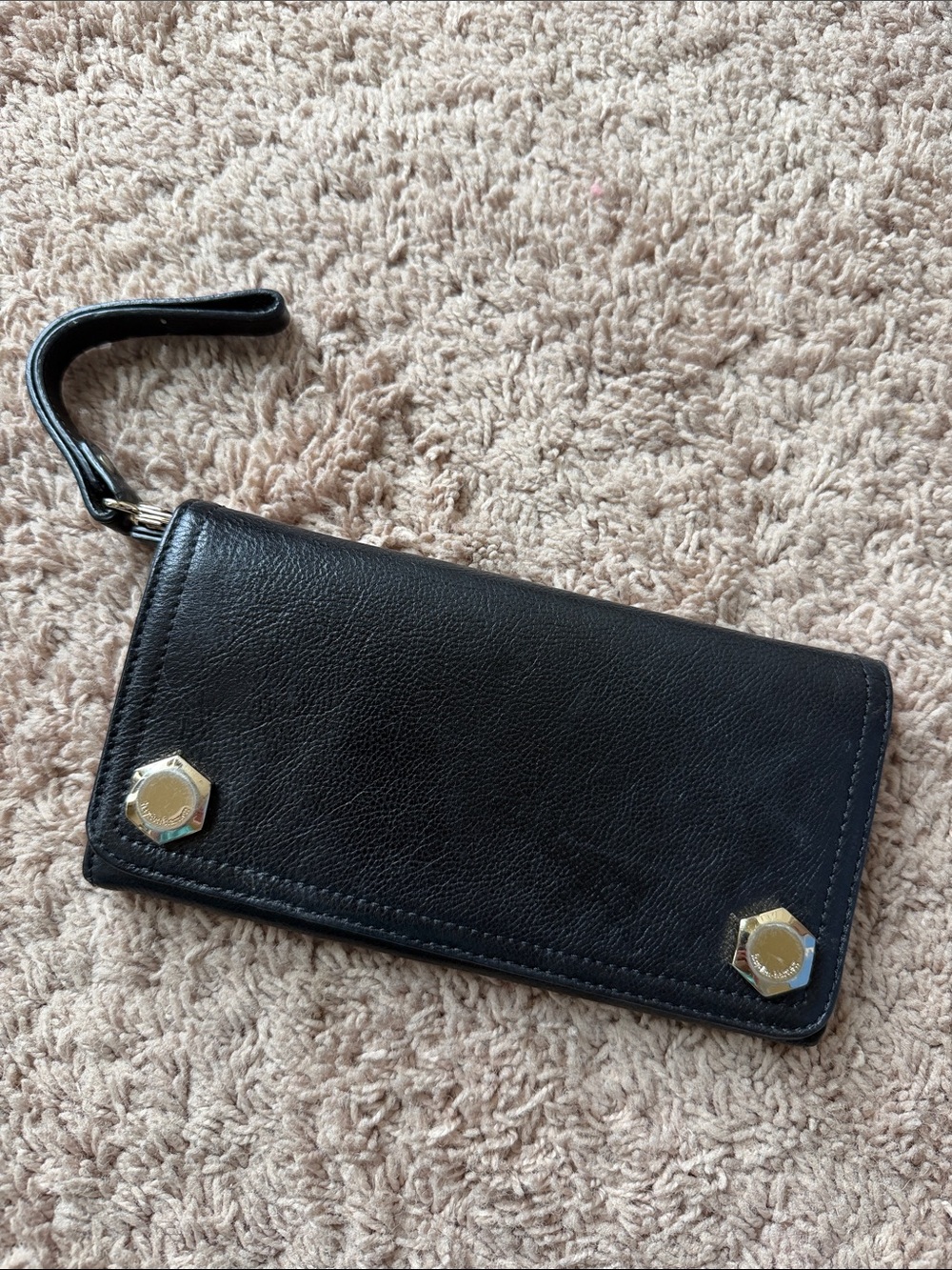 Black Leather Wristlet Wallet with Gold Accents